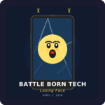 Podcast cover art for Battle Born Tech on KNVC FM 95.1. A cracked smartphone screen displays a wide-eyed surprised emoji face with yellow skin. Dramatic crack lines radiate across the screen. Electric sparks appear at the top corners. Text reads: Battle Born Tech, Losing Face, April 7 2026. Dark navy background.