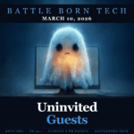 Podcast cover art for Battle Born Tech, March 10 2026. A fuzzy glowing ghost with big sad eyes emerges from a desktop computer monitor against a dark blue background. White text reads "Uninvited Guests" above station info for KNVC 95.1.